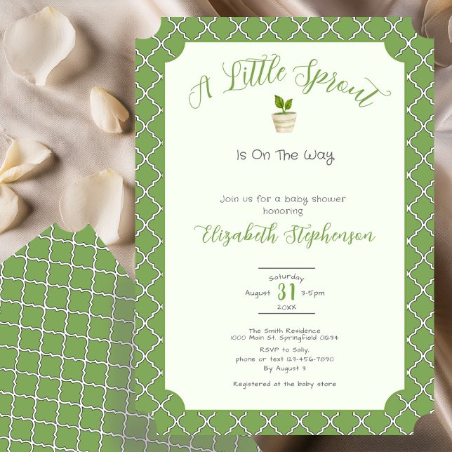 Sage Green Quatrefoil Little Sprout Baby Shower Inbjudningar (Skapare uppladdad)