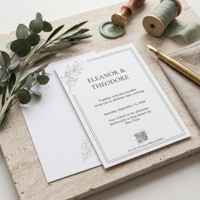 Sage Green Quiet Luxury QR-kod Bröllop Inbjudningar (Sage Green Quiet Luxury QR Code Wedding Invitation)