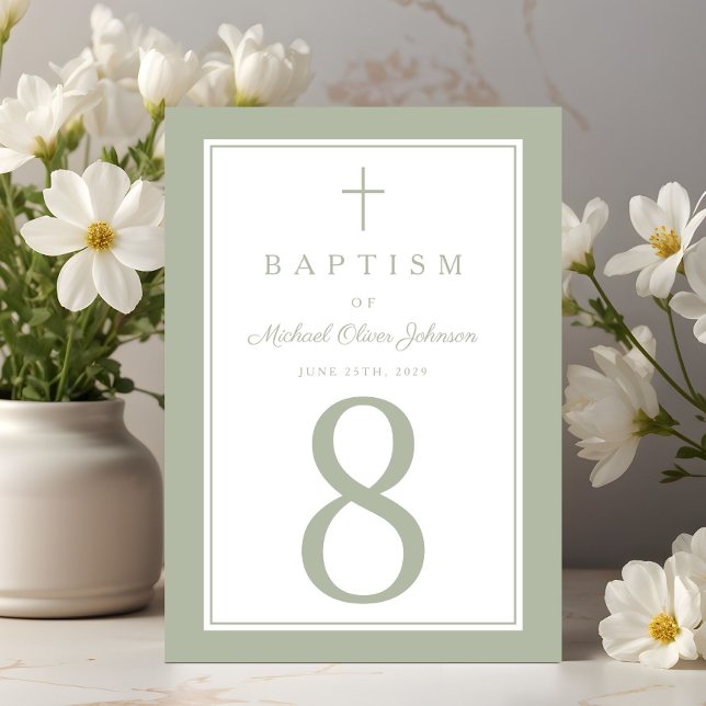 Sage Green Religious Cross Boy Baptism Bordsnummer (Sage Green Religious Cross Boy Baptism Table Number)
