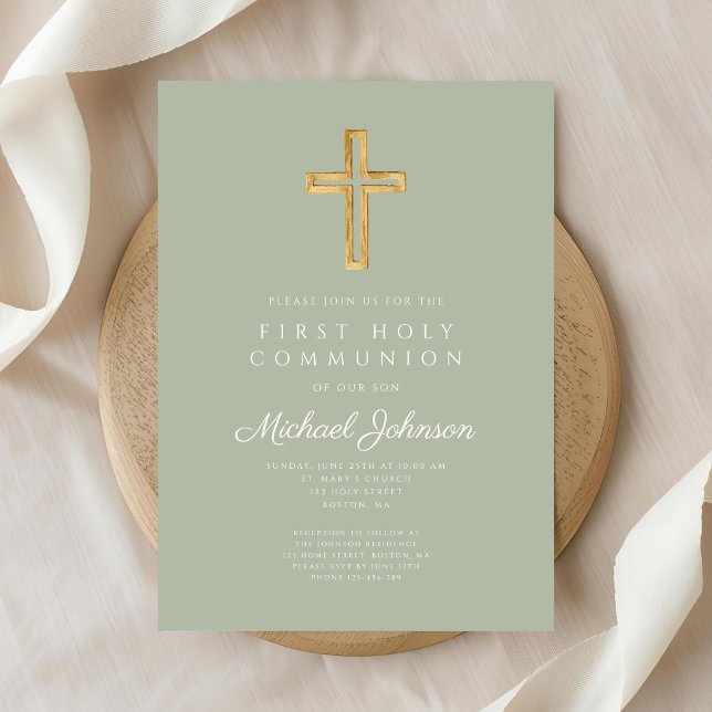 Sage Green Religious Cross Boy First Communion Inbjudningar (Sage Green Religious Cross Boy First Communion Invitation)