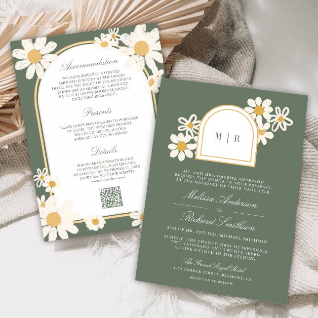 Sage Green Retro Yellow Daisy All in One Wedding Inbjudningar (Skapare uppladdad)