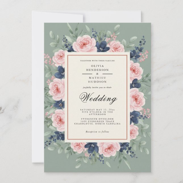 Sage Green Romantic Floral Wedding Inbjudningar (Framsida)