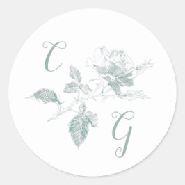 Sage Green Rose Line Art Monogram Wedding Runt Klistermärke