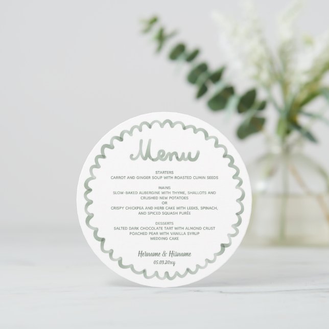 Sage Green Round Whimsical Frame Wedding Menu Julkort (Stående Fram)
