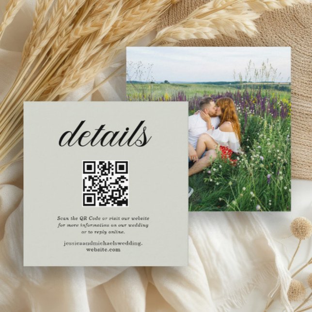 Sage Green RSVP Webbplats QR-kod Foto Tilläggskort (Wedding details photo enclosure card with QR Code and Wedding website)
