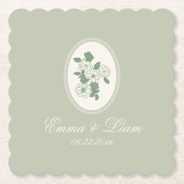 Sage Green Scalloped Wedding Paper Coasters Underlägg Papper (Framsida)