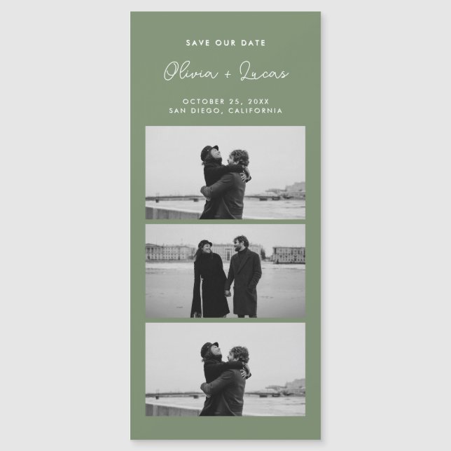 Sage Green Script Photo Strip Magnetisk Bröllop (Framsida)