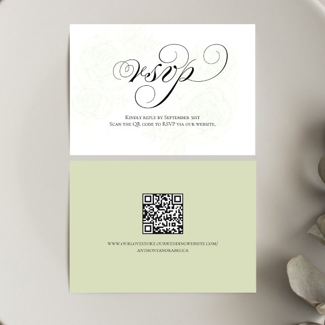 Sage Green Script QR Code Wedding RSVP Card OSA Kort (Sage green script RSVP card with QR code for quick and easy wedding responses)