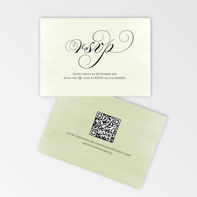 Sage Green Script QR Code Wedding RSVP Response OSA Kort (Sage green script RSVP card with QR code for quick and easy wedding replies)