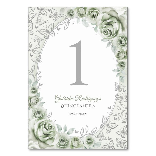 Sage Green Silver Floral Quinceanera Bordsnummer (Framsidan)