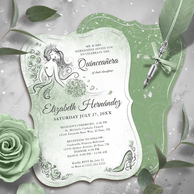 Sage Green Silver Princess Quinceanera Birthday Inbjudningar (Unique, downloadable silver and sage green quinceanera invitations on an editable DIY template.)