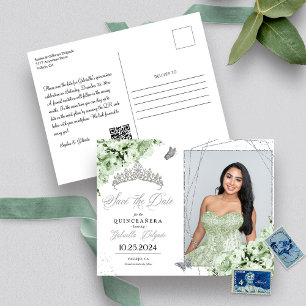 Sage Green Silver Tiara Quinceañera Fotobrev Vykort