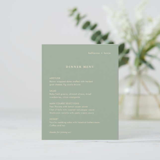 Sage Green Simple Modern Wedding Menu (Stående Fram)