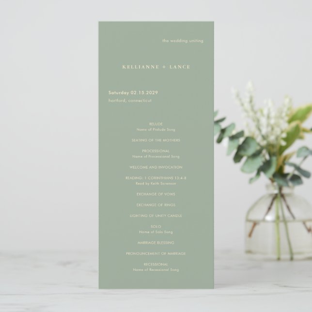 Sage Green Simple Modern Wedding Program (Stående Fram)
