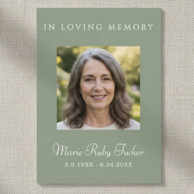 Sage Green Simple Photo Funeral Poem Prayer Card Visitkort (Skapare uppladdad)