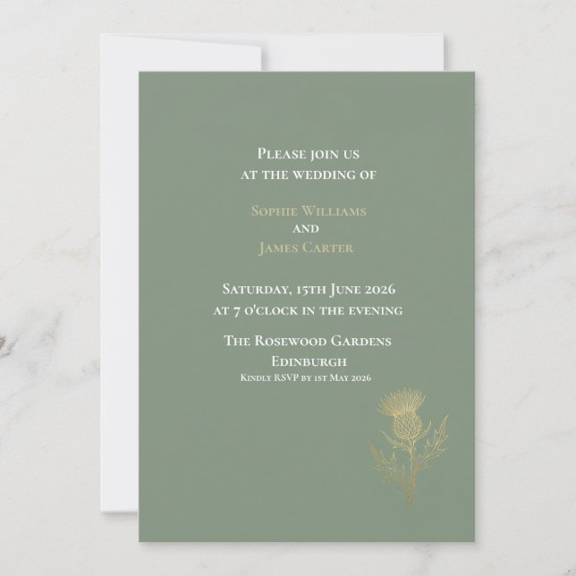 Sage Green Skotsk Tistel Bröllopsinbjudan | E Inbjudningar (Framsida)