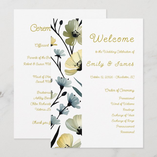 Sage Green & Soft Yellow Botanical Weddin Program (Fram/baksida)