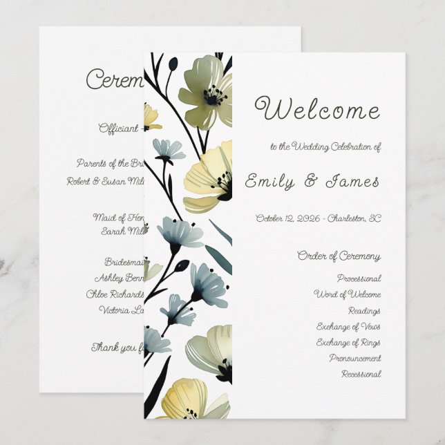 Sage Green & Soft Yellow Botanical Weddin Program (Fram/baksida)