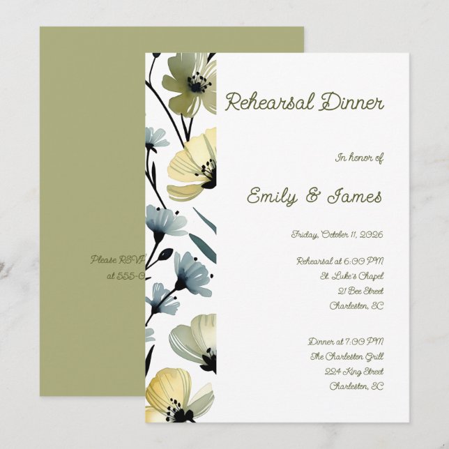 Sage Green & Soft Yellow Botanical Wedding Inbjudningar (Fram/baksida)
