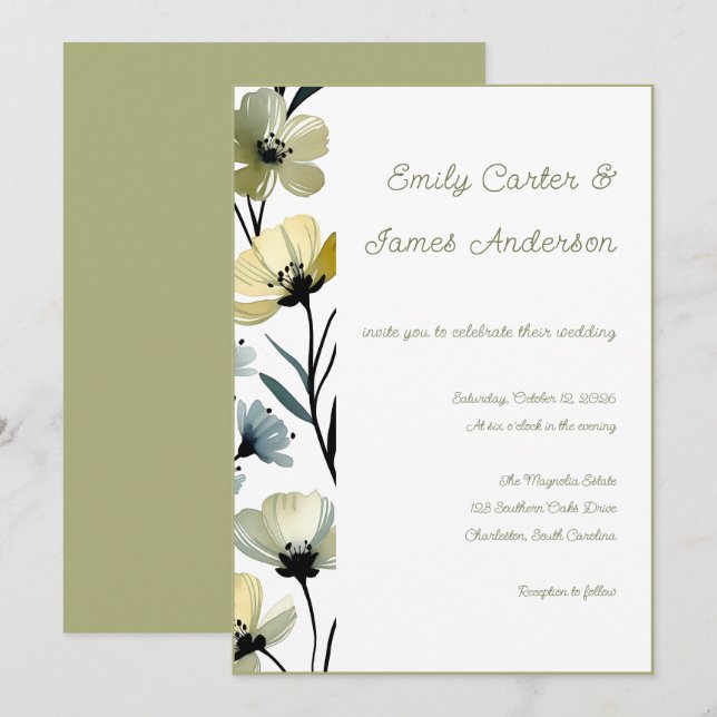 Sage Green & Soft Yellow Botanical Wedding Inbjudningar (Fram/baksida)