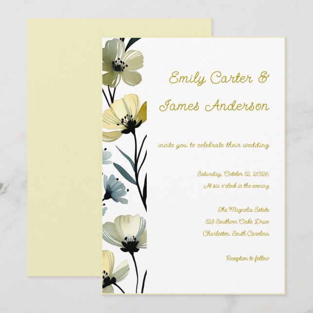 Sage Green & Soft Yellow Botanical Wedding Inbjudningar (Fram/baksida)