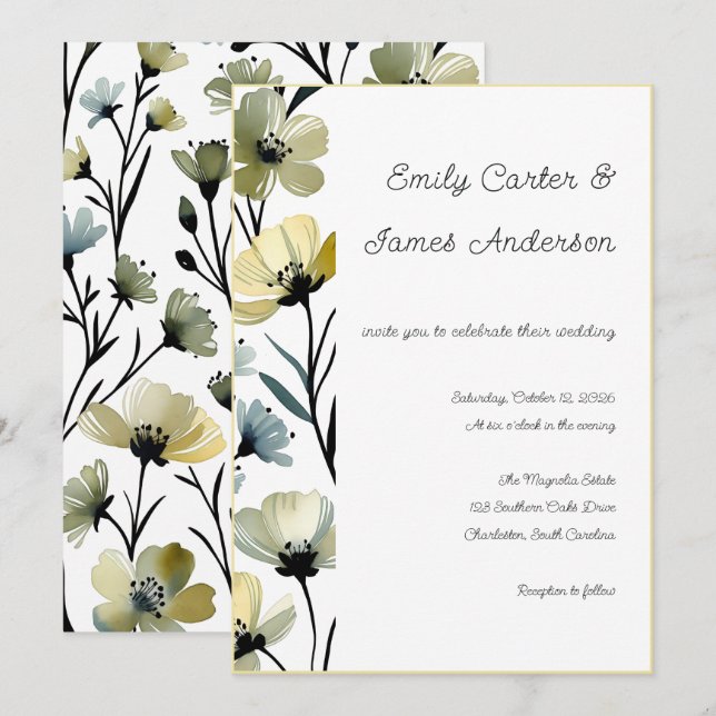Sage Green & Soft Yellow Botanical Wedding Inbjudningar (Fram/baksida)