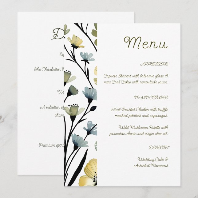 Sage Green & Soft Yellow Botanical Wedding Meny (Fram/baksida)
