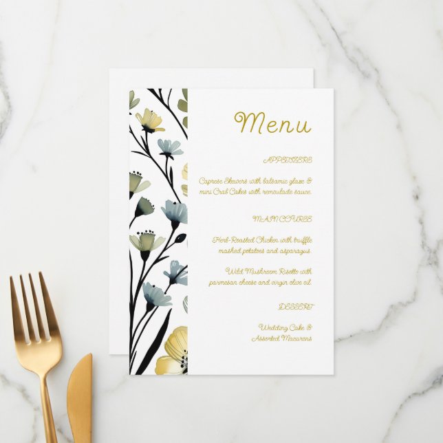 Sage Green & Soft Yellow Botanical Wedding Meny (Fram/Back In Situ)