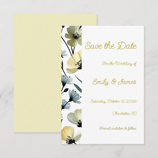 Sage Green & Soft Yellow Botanical Wedding Spara Datumet (Fram/baksida)