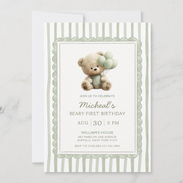 Sage Green Stripe Beary First Birthday  Inbjudningar (Framsida)