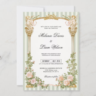 Sage Green Stripe Cherub Floral Arch Wedding Inbjudningar
