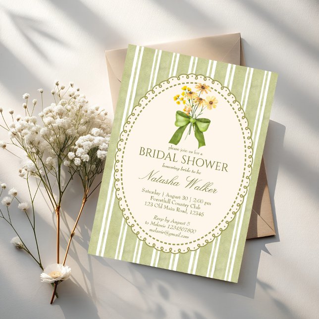 Sage green stripe retro elegant bridal shower inbjudningar (Sage green stripe retro elegant bridal shower invitation cards template)