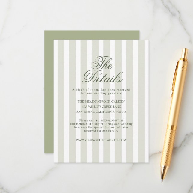 Sage Green Striped Wedding Details Card Tilläggskort (Fram/Back In Situ)
