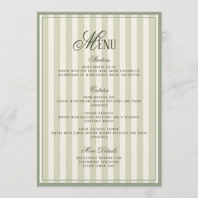 Sage Green Striped Wedding Menu  Card Inbjudningar (Framsida)