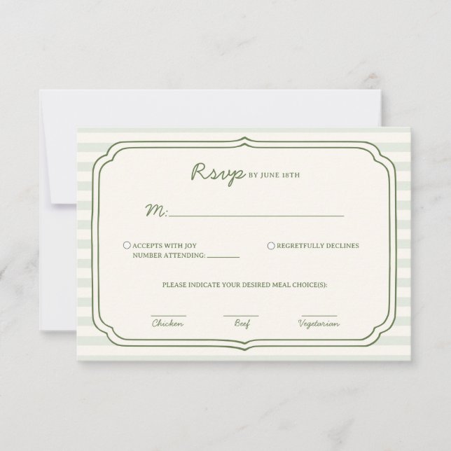 Sage Green Striped Wedding RSVP Card  OSA Kort (Framsida)