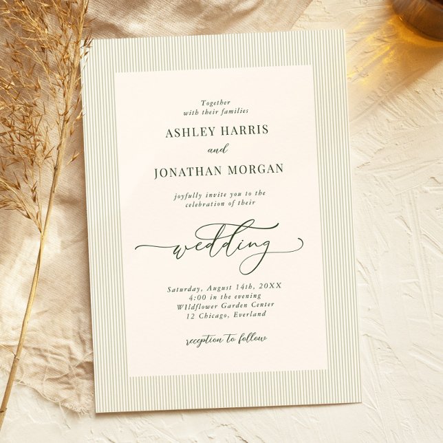 Sage Green Stripes Wedding Invitation Inbjudningar (Skapare uppladdad)