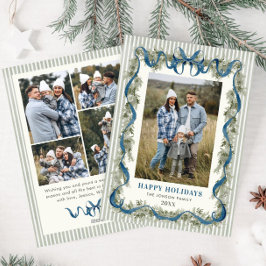 Sage Green Stripped Blue Bow Christmas 5 Photo Julkort