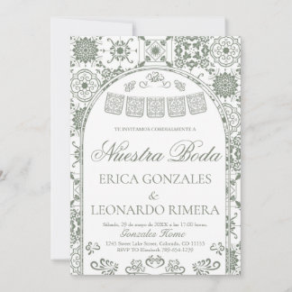 Sage Green Talavera Papel Picado Spanish Wedding Inbjudningar