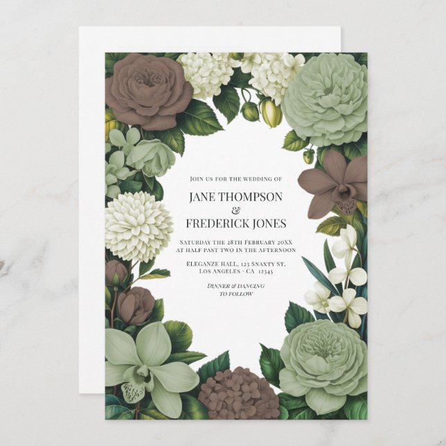 Sage Green, Taupe & Ivory Floral Wedding Inbjudningar (Fram/baksida)