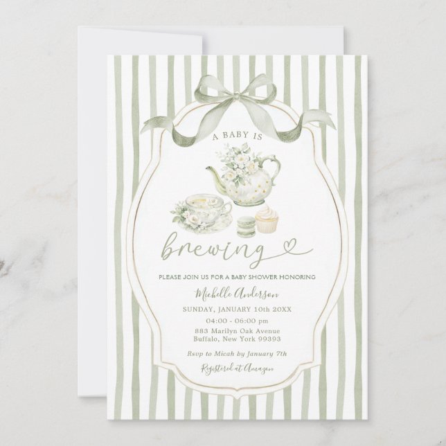 Sage Green Tea Party Baby Shower Stripe Invitation Inbjudningar (Framsida)