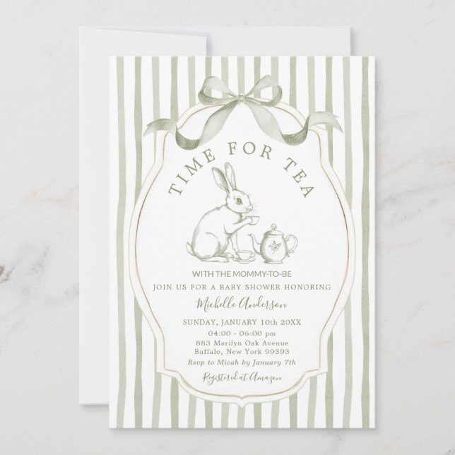 Sage Green Time for Tea Rabbit Invitation Inbjudningar (Framsida)