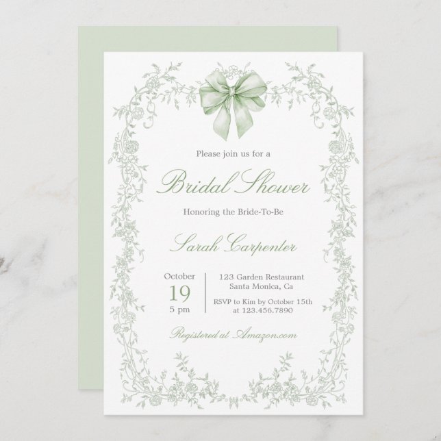 Sage Green Toile and Bow Bridal Shower Inbjudningar (Fram/baksida)