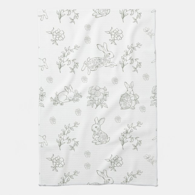Sage Green Toile Bunny Rabbits Kökshandduk (Vertikal)