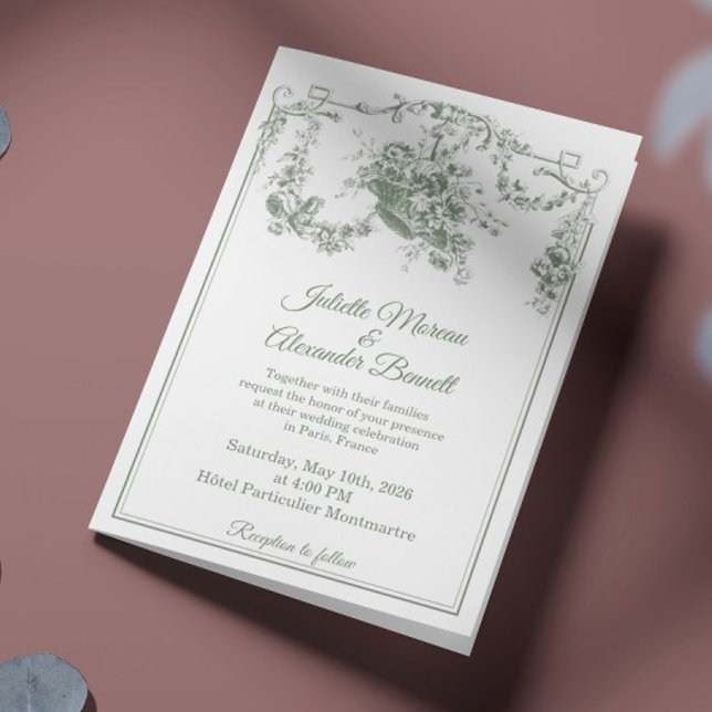 Sage Green Toile de Jouy Paris Wedding Invitation Inbjudan (Skapare uppladdad)