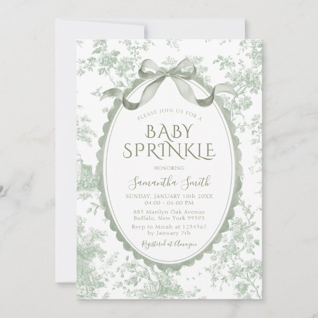 Sage Green Toile Floral Chinoiserie Baby Sprinkle Inbjudningar (Framsida)