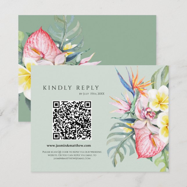 Sage Green Tropical Floral Hawaii QR Code Wedding OSA Kort (Fram/baksida)