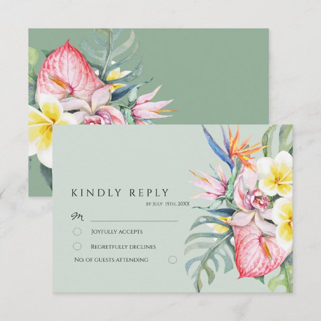 Sage Green Tropical Floral Hawaii Wedding OSA Kort (Fram/baksida)