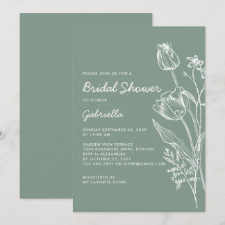 Sage Green Tulip Line Art Garden Bridal Shower Inbjudningar
