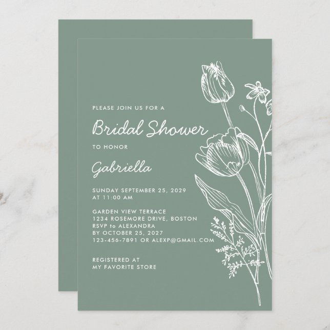 Sage Green Tulip Line Art Garden Bridal Shower Inbjudningar (Fram/baksida)