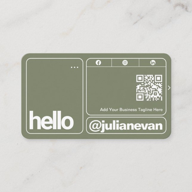 Sage Green Typography Scannable QR Code Hello Visitkort (Framsida)